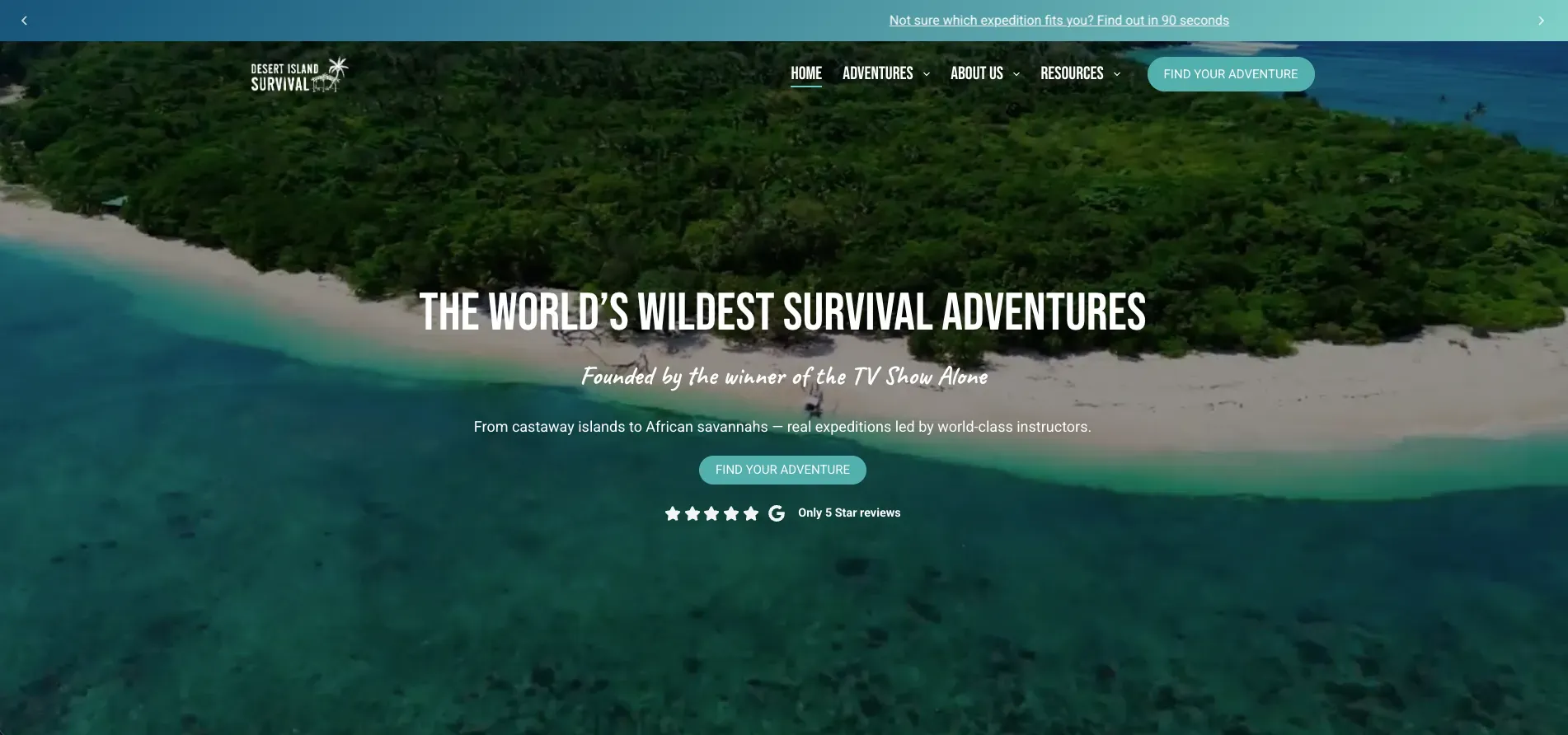 Desert Island Survival homepage with an aerial tropical island view.