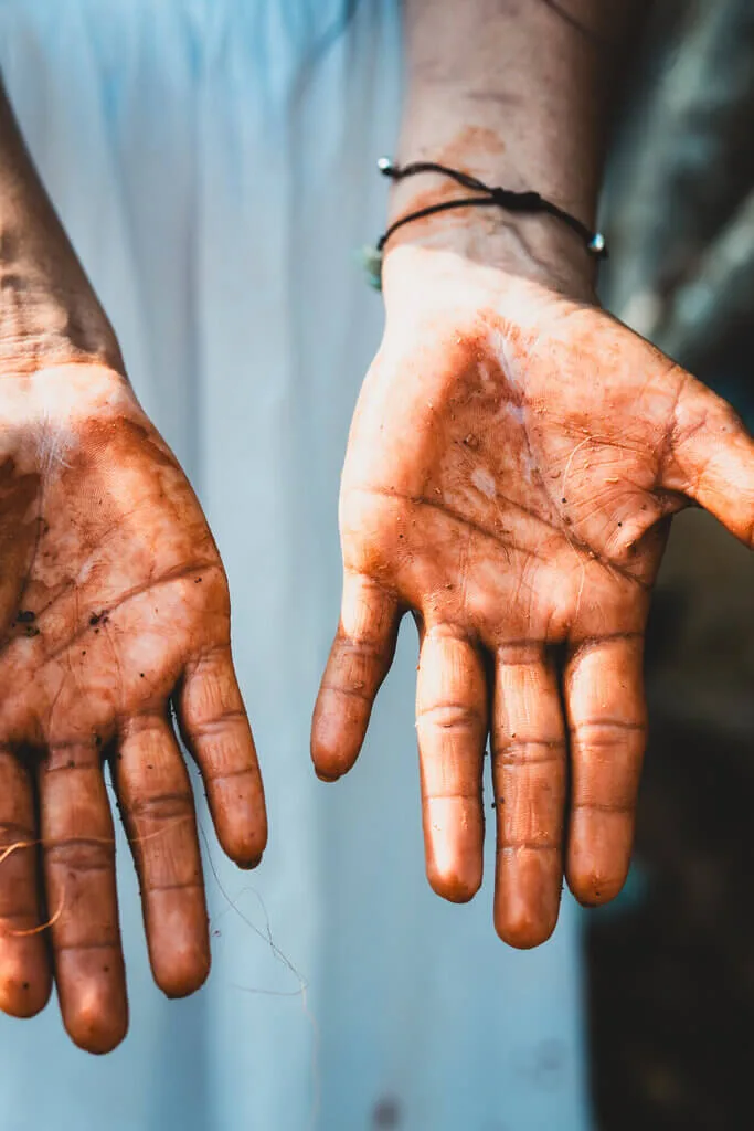 Hands covered in dirt, showcasing manual labor and connection to nature.