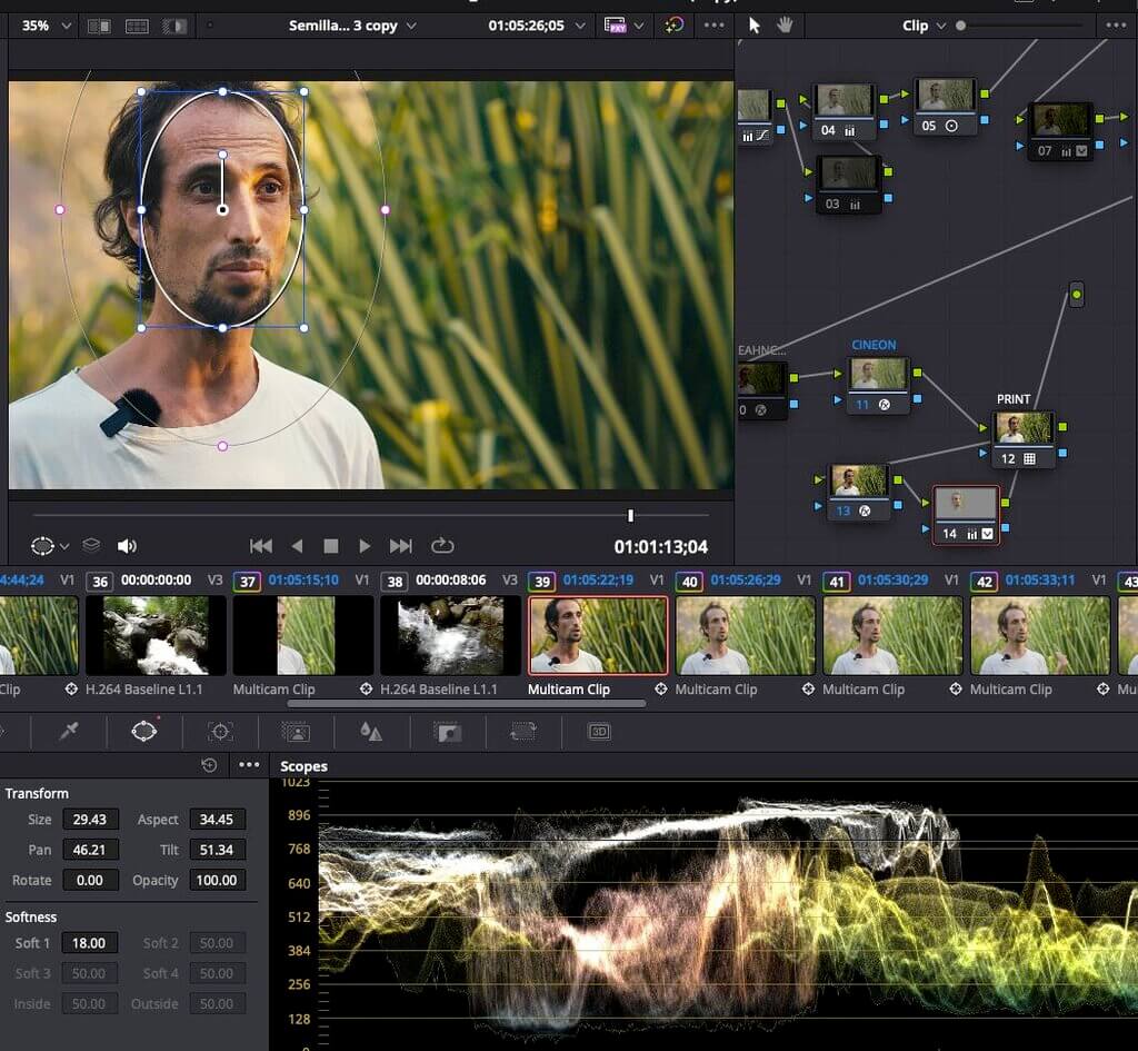 A color grading software interface shows a paused video of a man outdoors for Embodic Films, with facial tracking applied. Various adjustment nodes, timeline clips, video scopes, and settings panels are visible on screen.