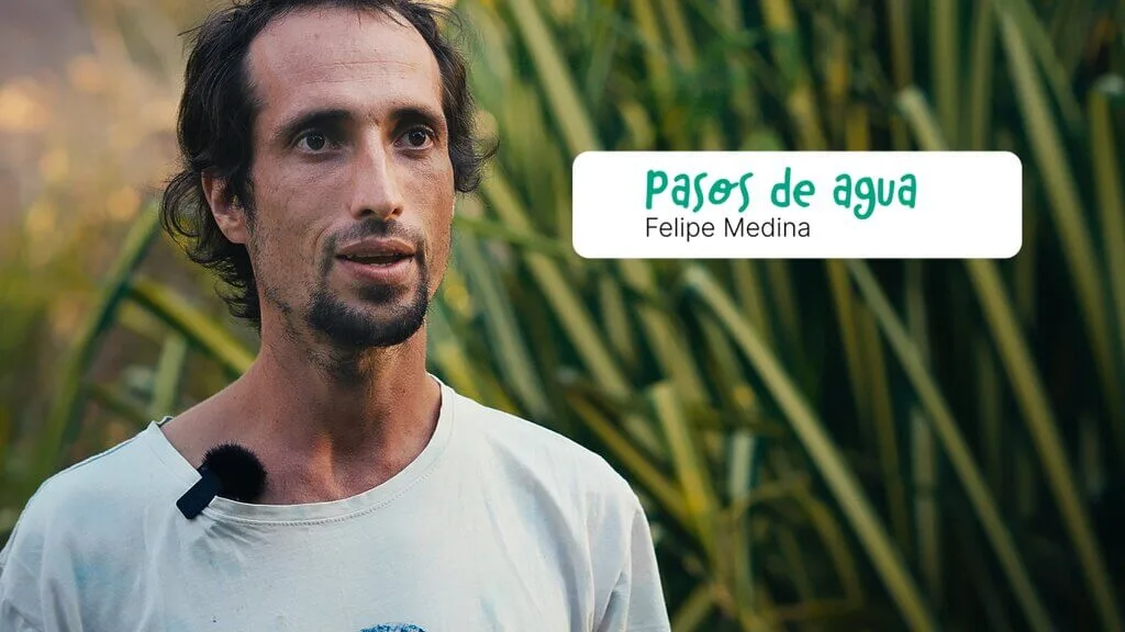 A man with short brown hair and facial hair stands outdoors in front of tall green plants. He wears a light shirt with a microphone clipped on. The image, produced by Embodic Films, features text: “Pasos de agua. Felipe Medina.”.