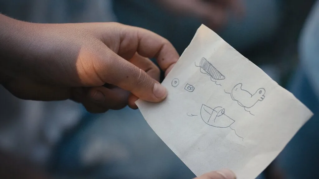 A hand holds a piece of paper with simple pencil sketches—a boat, camera, cloud, and bird or duck—wavy lines below the boat suggest water. The style hints at storyboarding for Embodic Films.