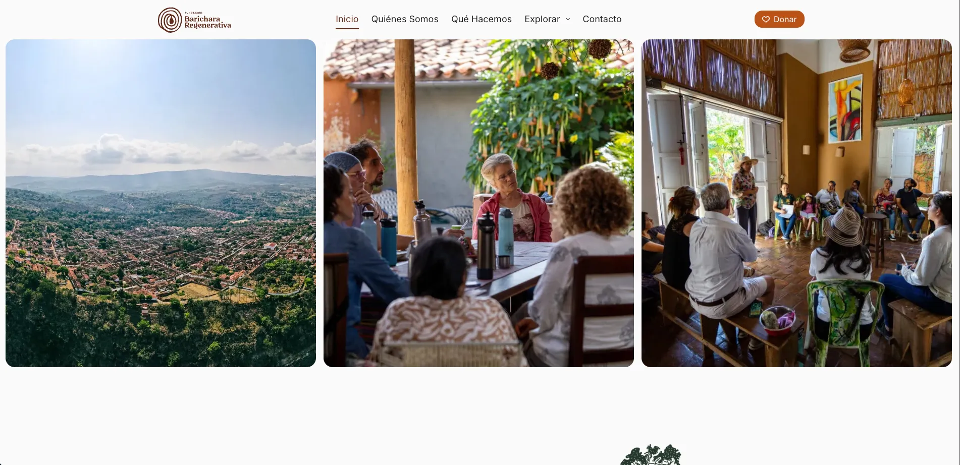 Barichara, Colombia aerial view; outdoor meeting; indoor group discussion.