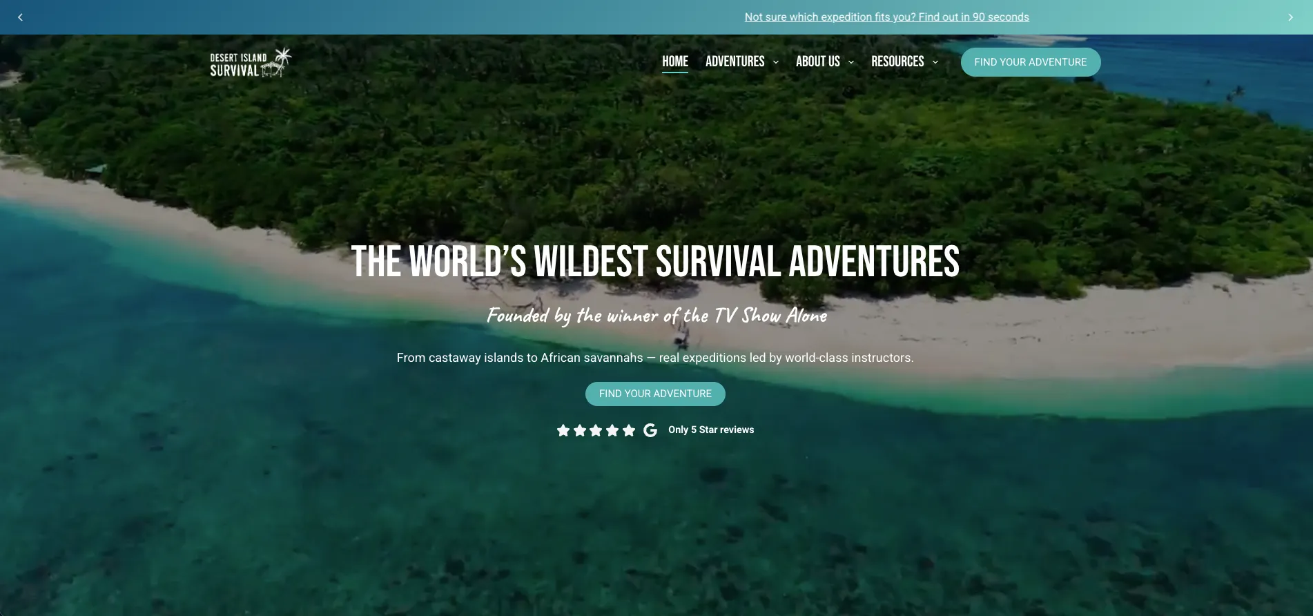Desert Island Survival adventure homepage with tropical island aerial view.