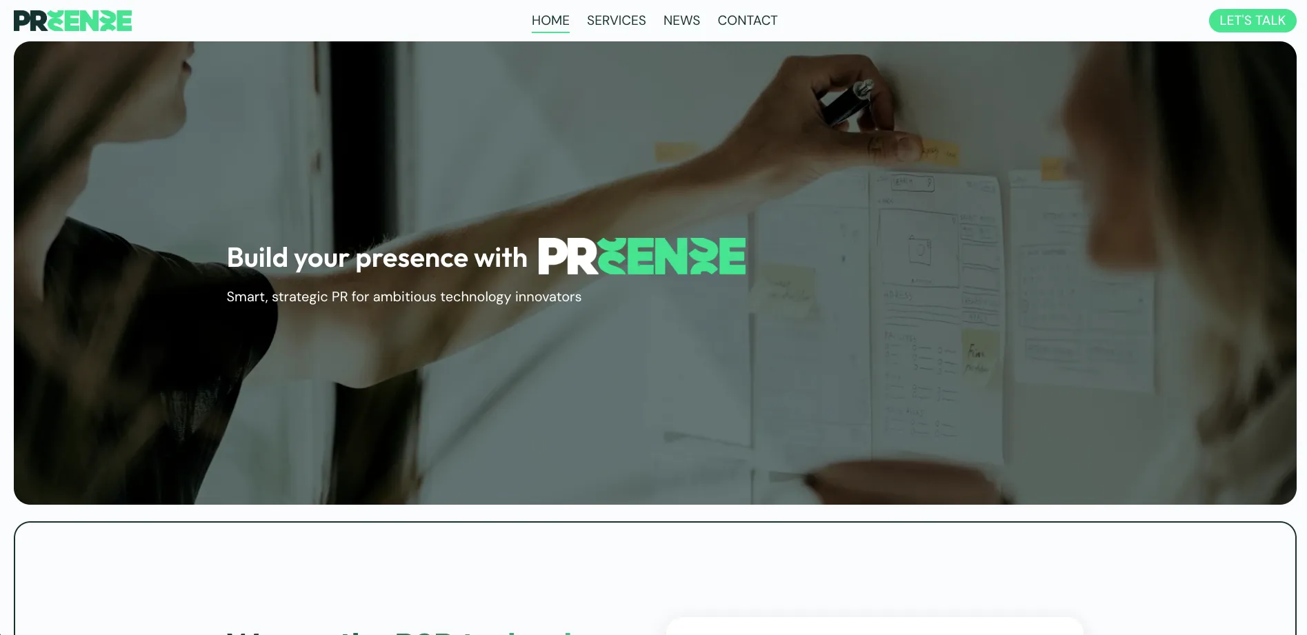 PR agency collaborative planning session with Prsenze logo overlay.