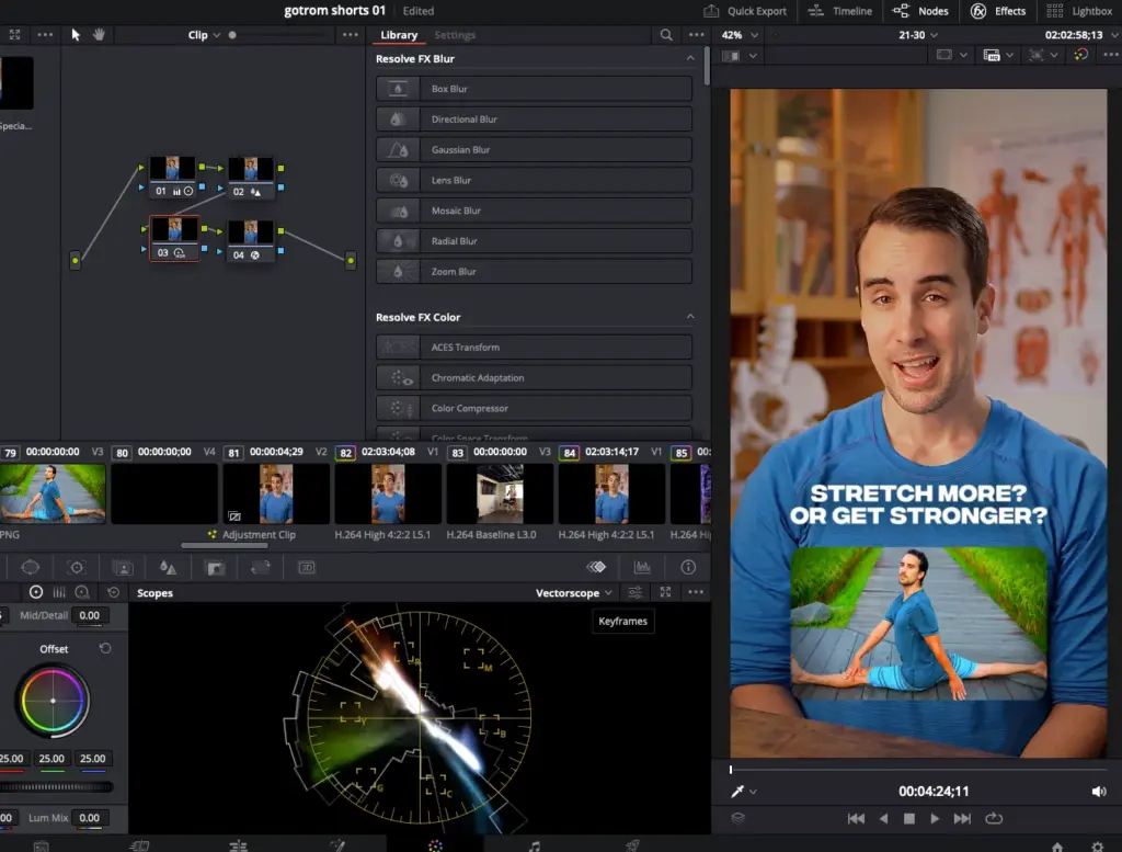 Video editing interface with a man asking "Stretch More? Or Get Stronger?