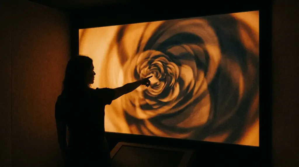 Person pointing at abstract brown floral art projected on a large screen in a dark gallery.