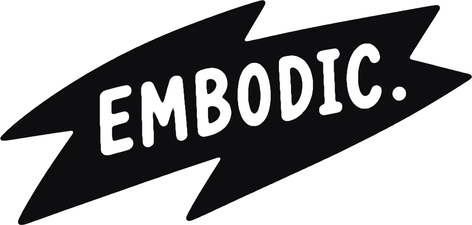 Black jagged shape with the word EMBODIC. in white text.