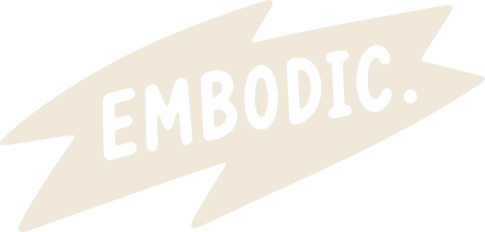Black jagged shape with the word EMBODIC. in white text.